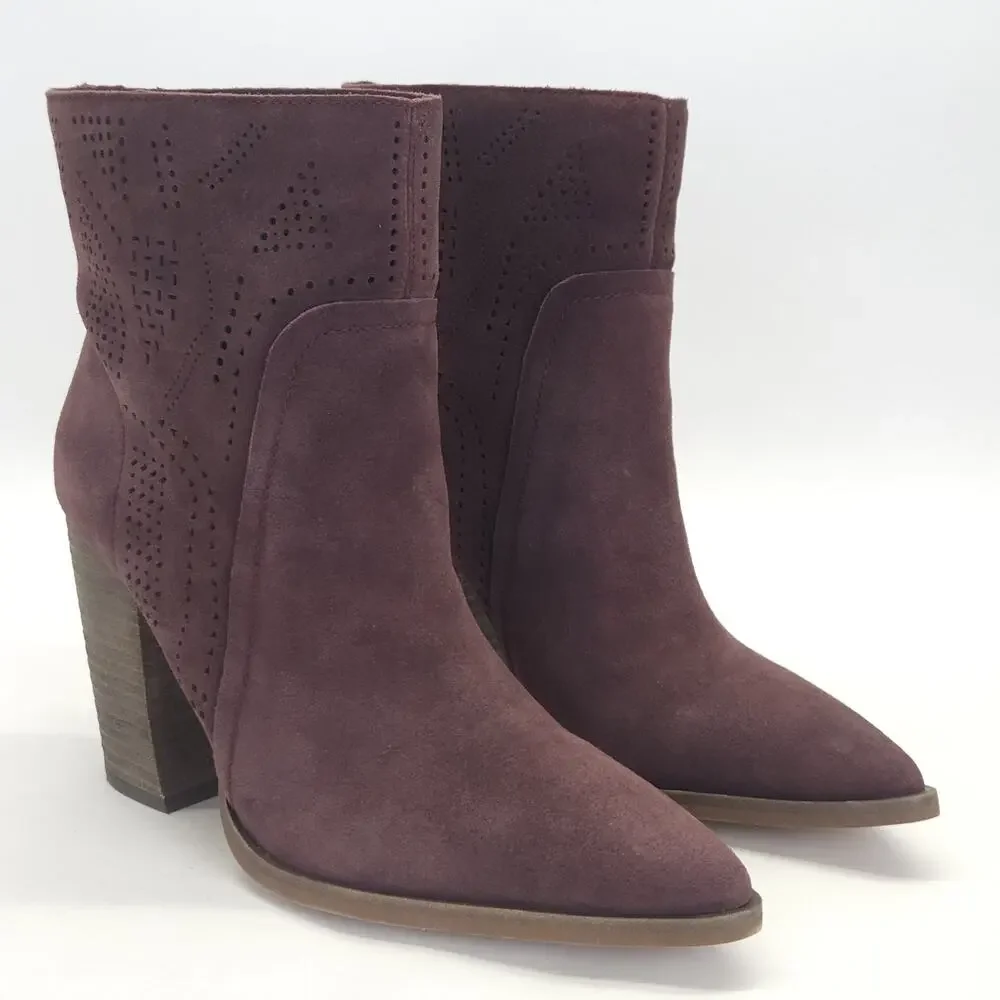 Vince Camuto Ankle Bootie 7.5 Block Heel Burgundy Suede Boho Winter Work 3.5